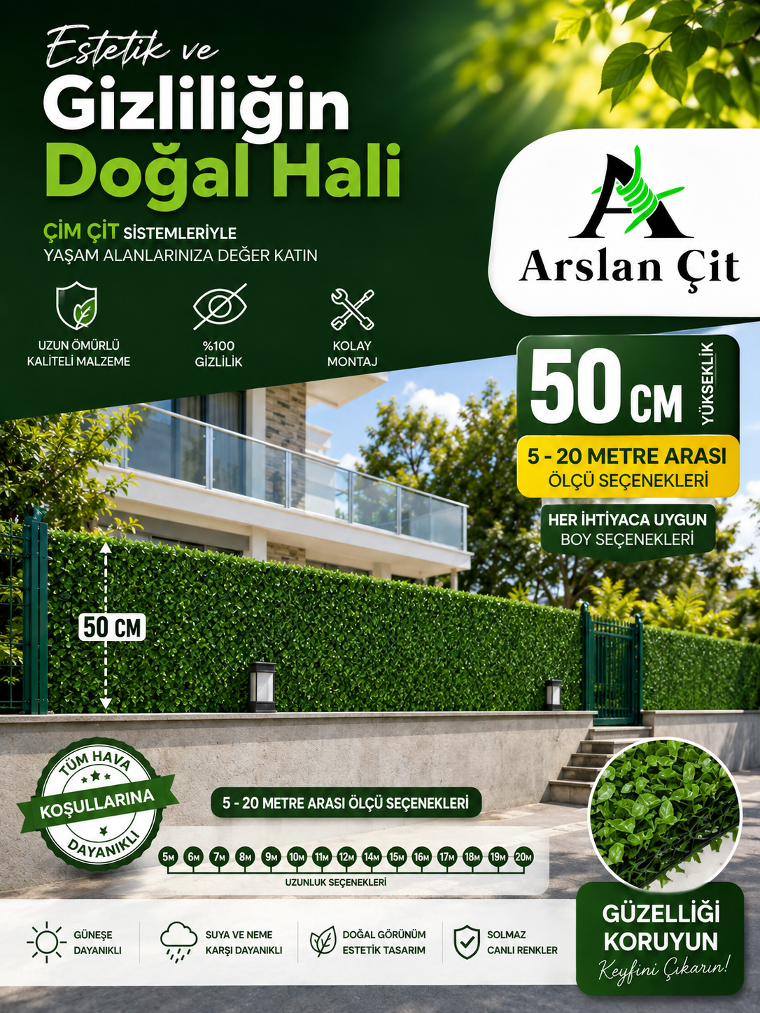 50CM x ( 5M-20M Arası ) Yeşil Çim Çit Örgülü Bahçe Teli Yüksek Kalite Geniş Ölçü Seçenekler