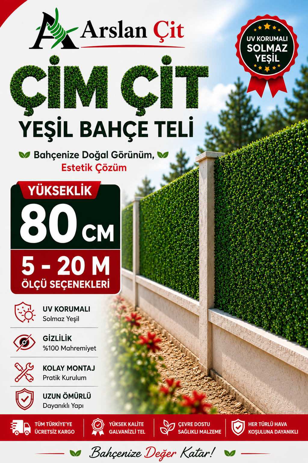 80CM x ( 5M-20M Arası ) Yeşil Çim Çit Örgülü Bahçe Teli Yüksek Kalite Geniş Ölçü Seçenekler
