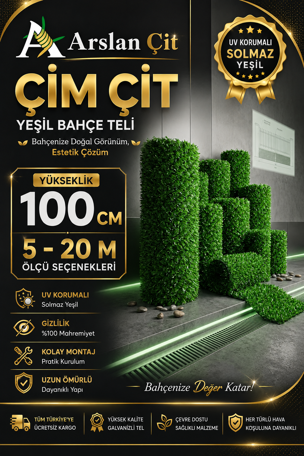 100CM x ( 5M-20M Arası ) Yeşil Çim Çit Örgülü Bahçe Teli Yüksek Kalite Geniş Ölçü Seçenekler