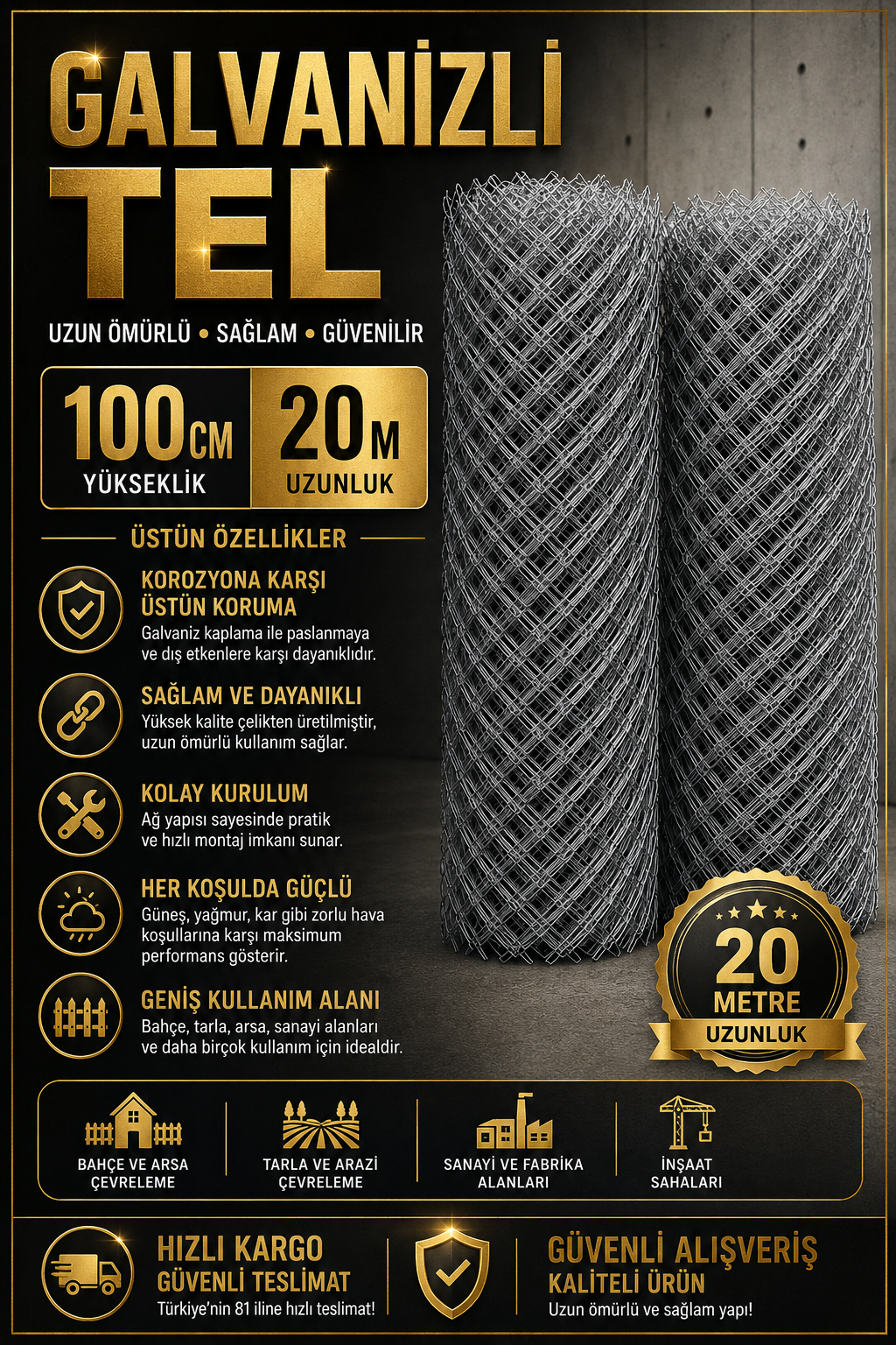 2 mm Kalınlık 7x7 Göz ( 100CM x 20MT ) Çit Teli Galvaniz Helezon Bahçe Teli Kafes Teli Örgü
