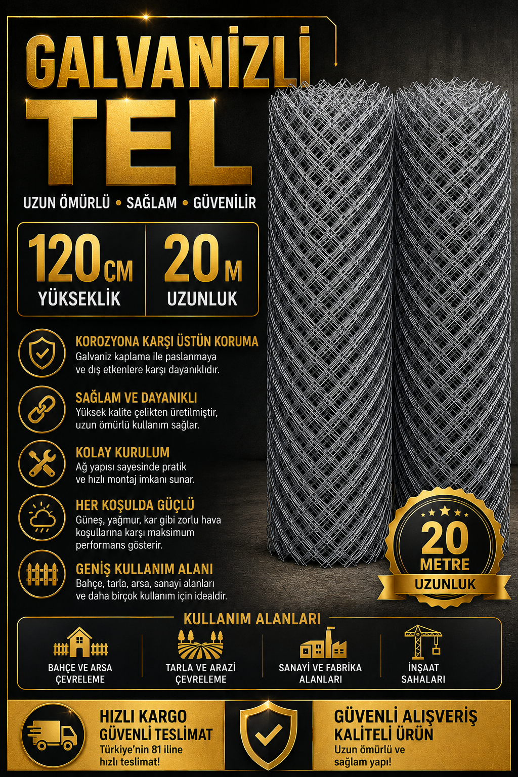 2 mm Kalınlık 7x7 Göz ( 120CM x 20MT ) Çit Teli Galvaniz Helezon Bahçe Teli Kafes Teli Örgü