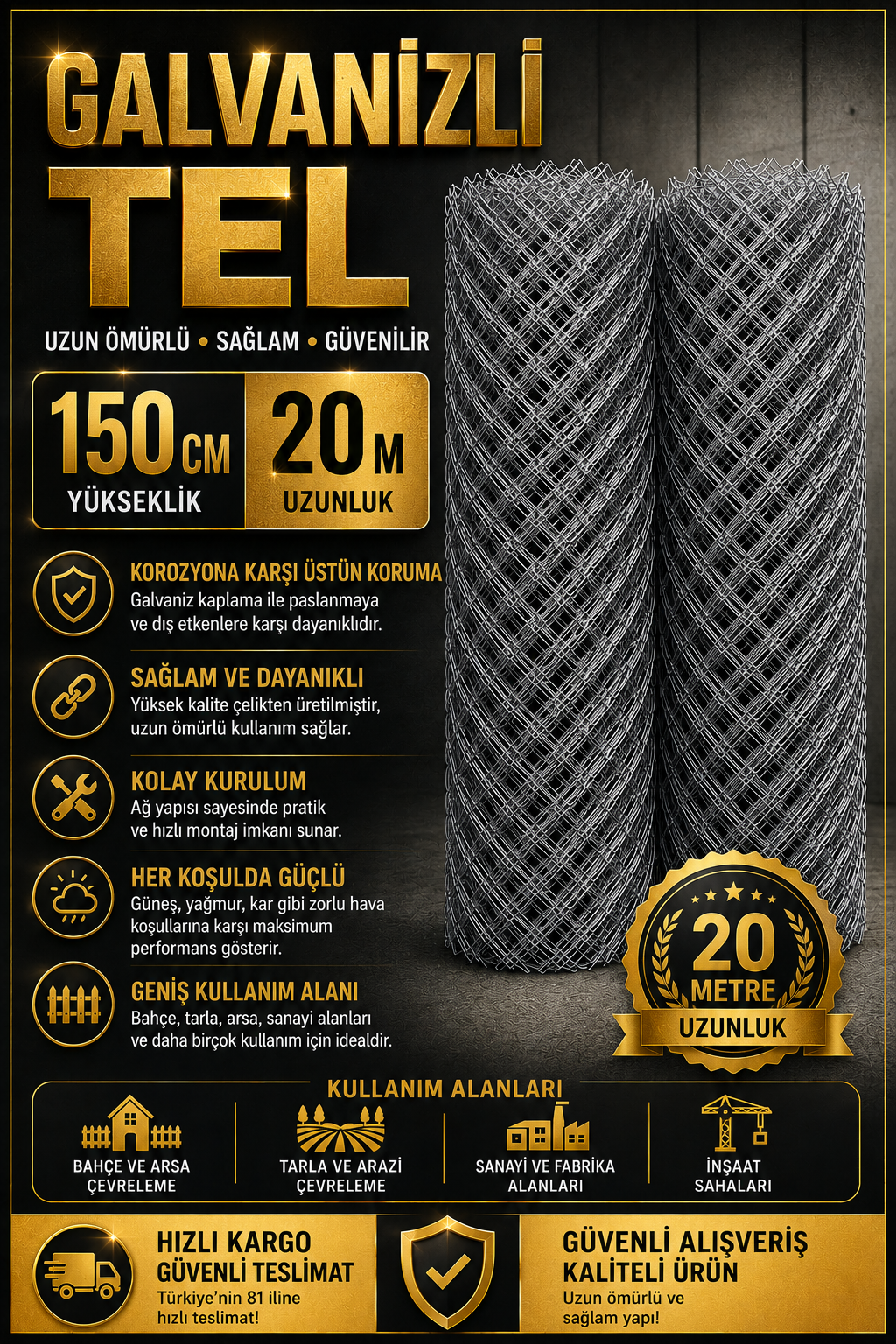 2 mm Kalınlık 7x7 Göz ( 150CM x 20MT ) Çit Teli Galvaniz Helezon Bahçe Teli Kafes Teli Örgü