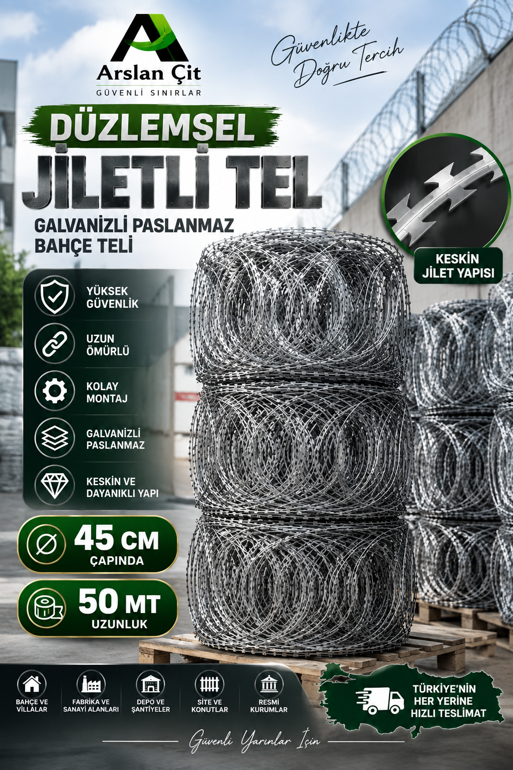 45 CM Çapında 50 MT Düzlemsel Jiletli Tel Galvanizli Paslanmaz Bahçe Teli