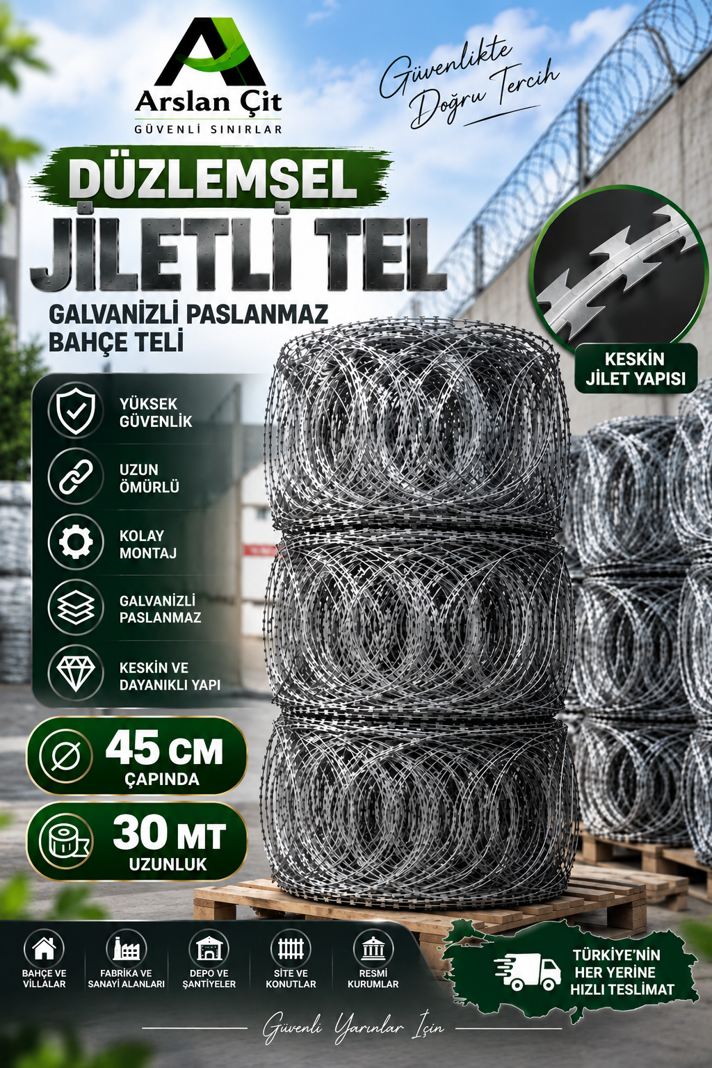 45 CM Çapında 30 MT Düzlemsel Jiletli Tel Galvanizli Paslanmaz Bahçe Teli